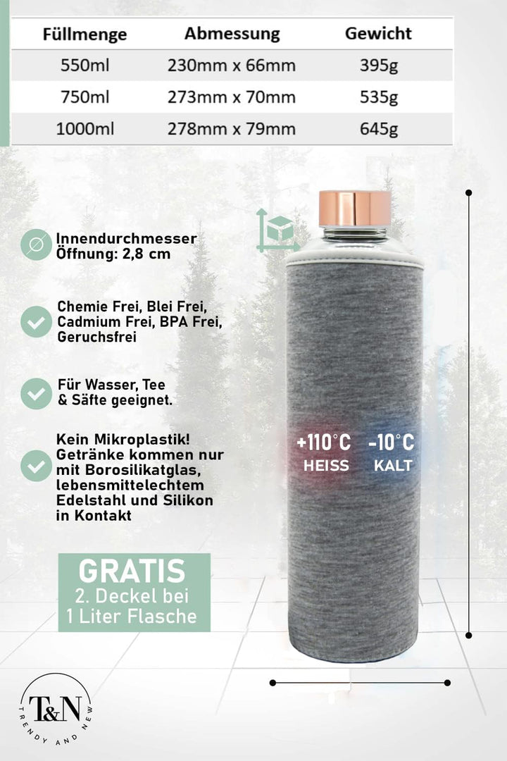 T&N Glasflasche 1 Liter / 750ml / 500ml – Trinkflasche Glas 1l mit Neoprenhülle – Wasserflasche Ausl