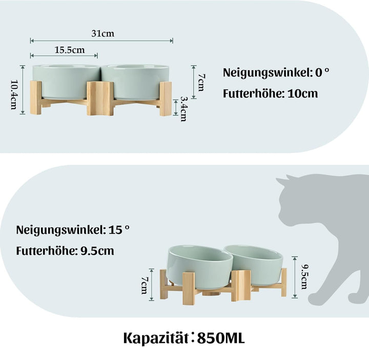 SPUNKYJUNKY 15° Kippbare Keramik Hundenapf mit Holzständer Futter und Wassernapf rutschfest für Hund