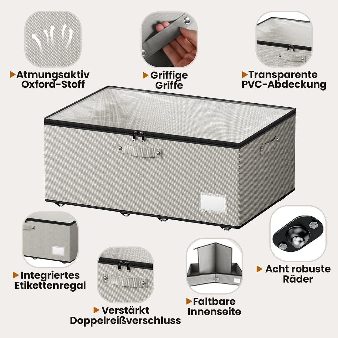 Mavivegue 2er Set Unterbettkommode mit 360° Rollen, Vliesstoff, Grau | 2 Aufbewahrungsboxen. Deckel