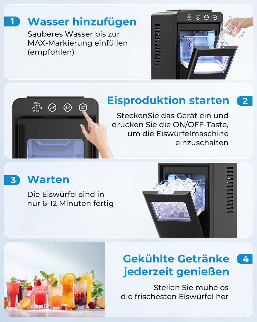 Tragbare Eiswürfelmaschine mit Schublade – Schnelles Kugeleis in 6 Min (12kg/24h), 2 Grössen, Selbst