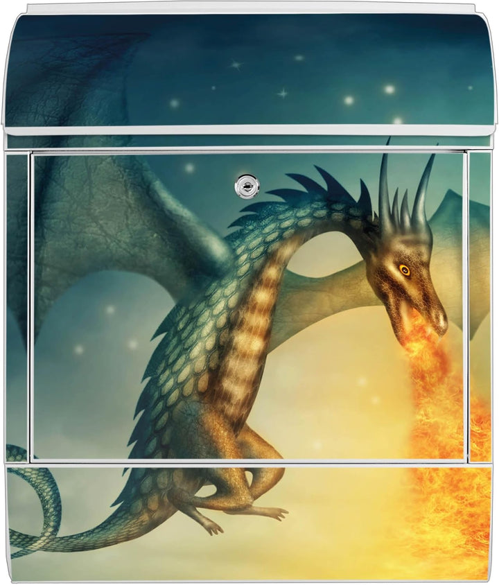 banjado® Design Briefkasten mit Motiv Drachen 39x47x14cm &amp; 2 Schlüssel - Briefkasten Stahl weiss mit