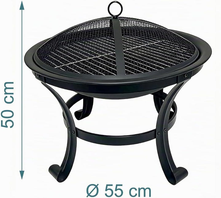 Relaxdays Feuerschale mit Grillrost, Funkenschutz, Schürhaken, Stahl, Ø 55 cm, schwarz Gartenfeuerst