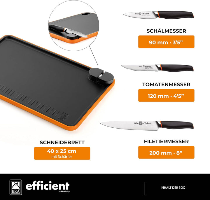BRA Efficient | Set mit 3 effizienten Messern mit Schneidebrett