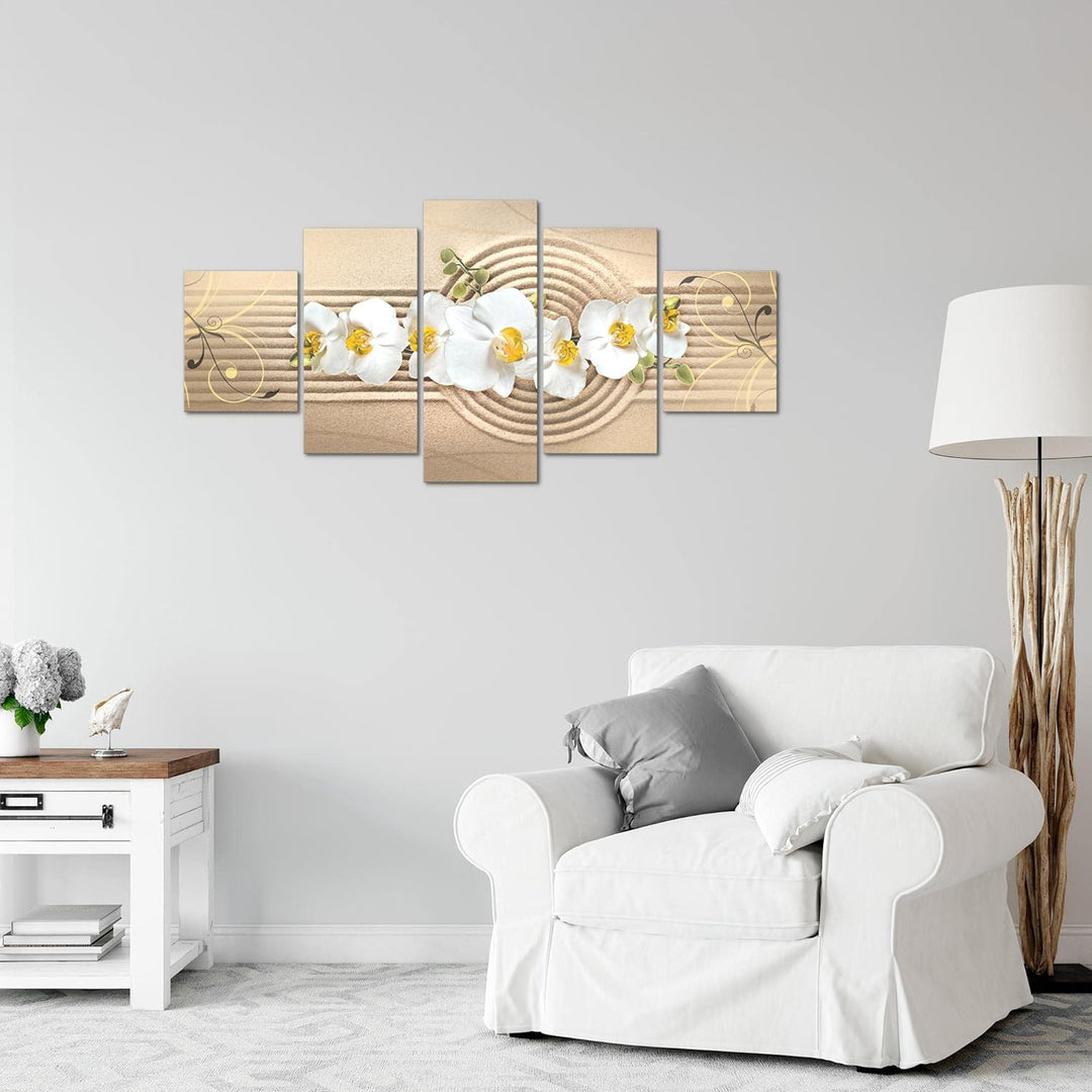 Runa Art Wandbilder Blumen Orchidee 5 Teilig Bild auf Vlies Leinwand Deko Wohnzimmer Sand Beige Gelb