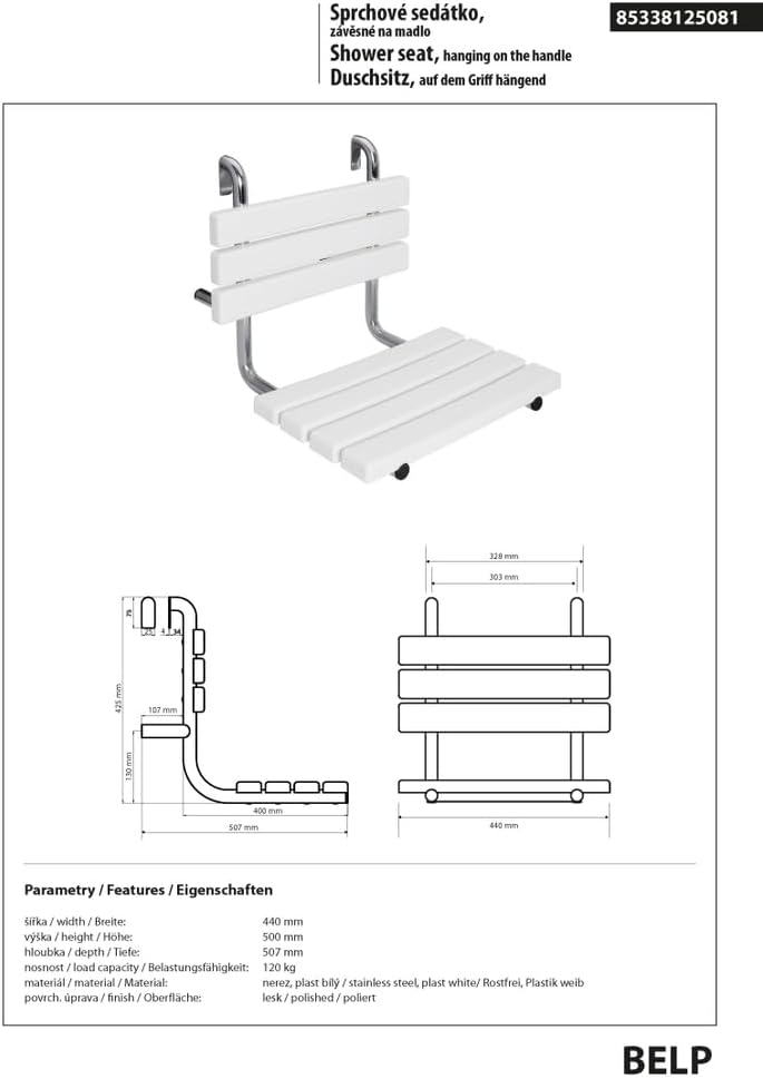 BELP Duschsitz am Griff hängend Edelstahl Kunststoff Weiss 440x500x507 mm, 120 kg Traglast für Bad &amp;