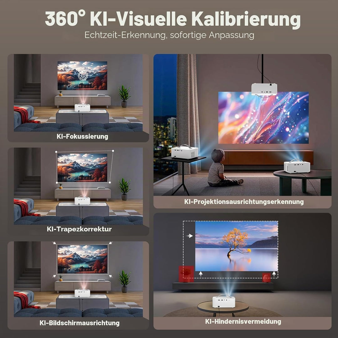 Videoprojektor 4 K 【Integrierte App/Dolby Audio】 1080P Nativer Videoprojektor, WiFi6, Bluetooth Liso