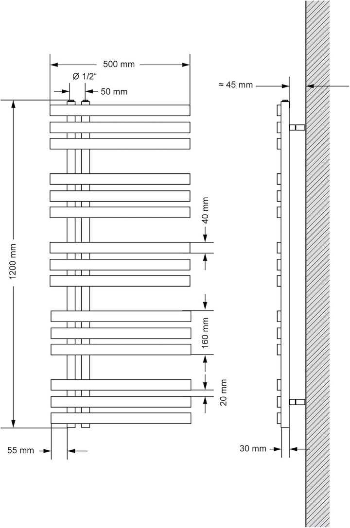 ECD Germany Iron EM Design Badheizkörper Elektrisch mit Heizstab 900 W - 500 x 1200 mm - Chrom - Des