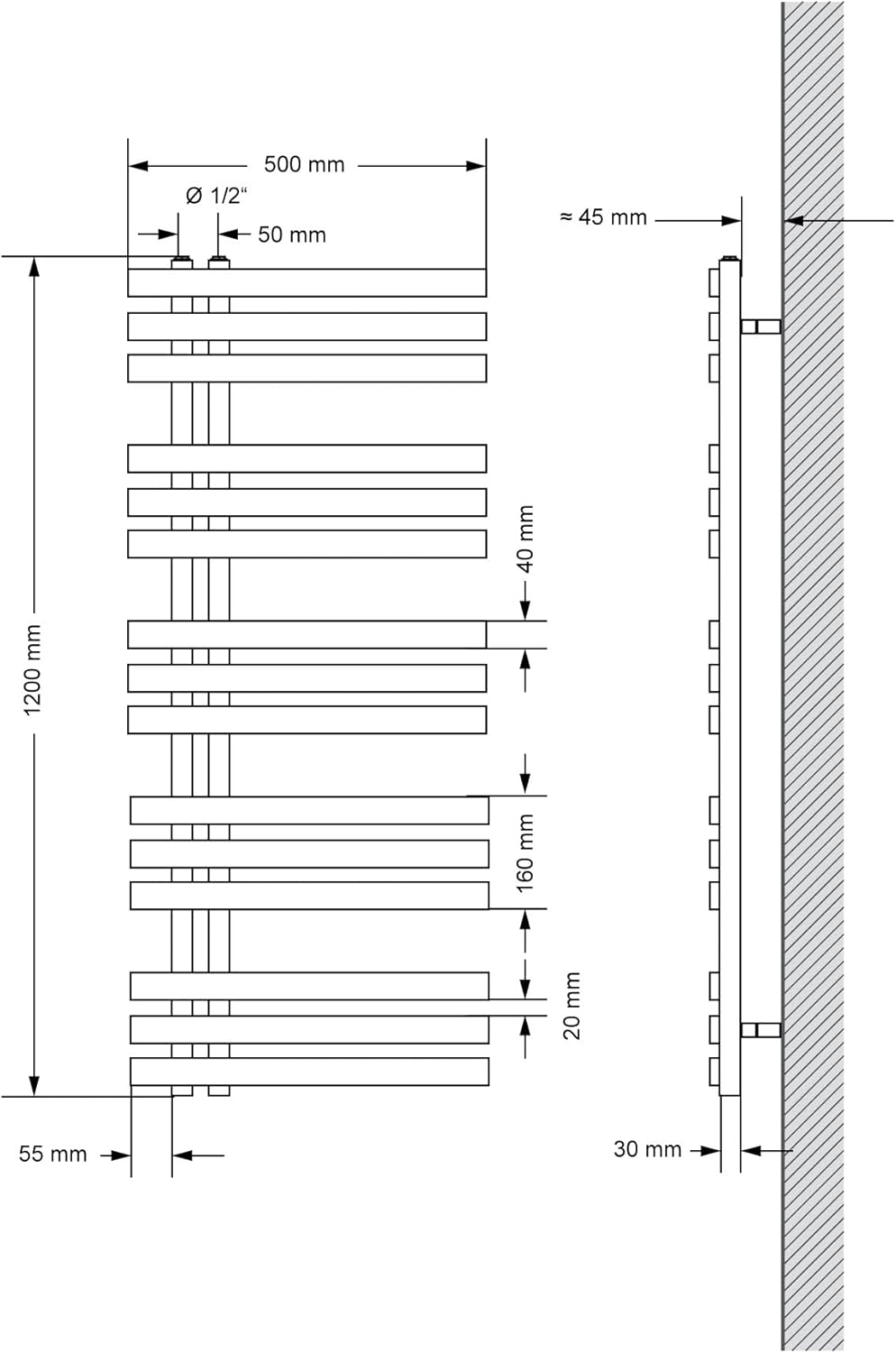 ECD Germany Iron EM Design Badheizkörper Elektrisch mit Heizstab 1200 W - 500 x 1200 mm - Chrom - De