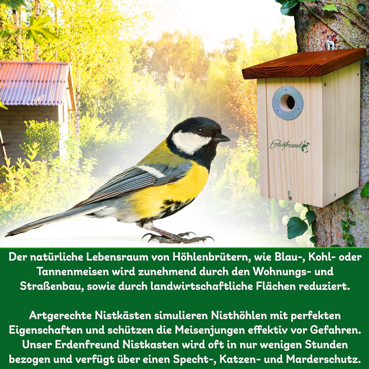 ERDENFREUND® Meisen Nistkasten 32mm Katzen-/Marderschutz innen Nistkasten für Vögel mit pickfestem S