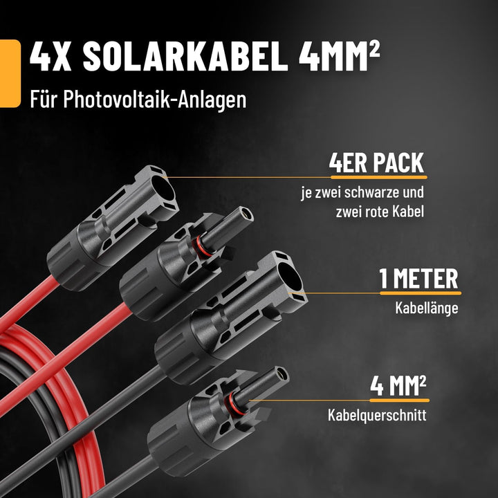 ABSINA 4x 1 Meter Solarkabel 4mm2 H1Z2Z2-K schwarz & rot - PV Kabel 4mm2 UV-beständig - Solarleitung