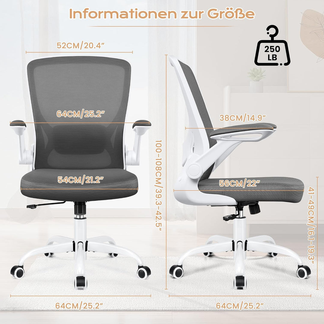 KERDOM Bürostuhl, Ergonomischer Schreibtischstuhl mit Klappbaren Armlehnen, 360° Drehstuhl Mesh Comp