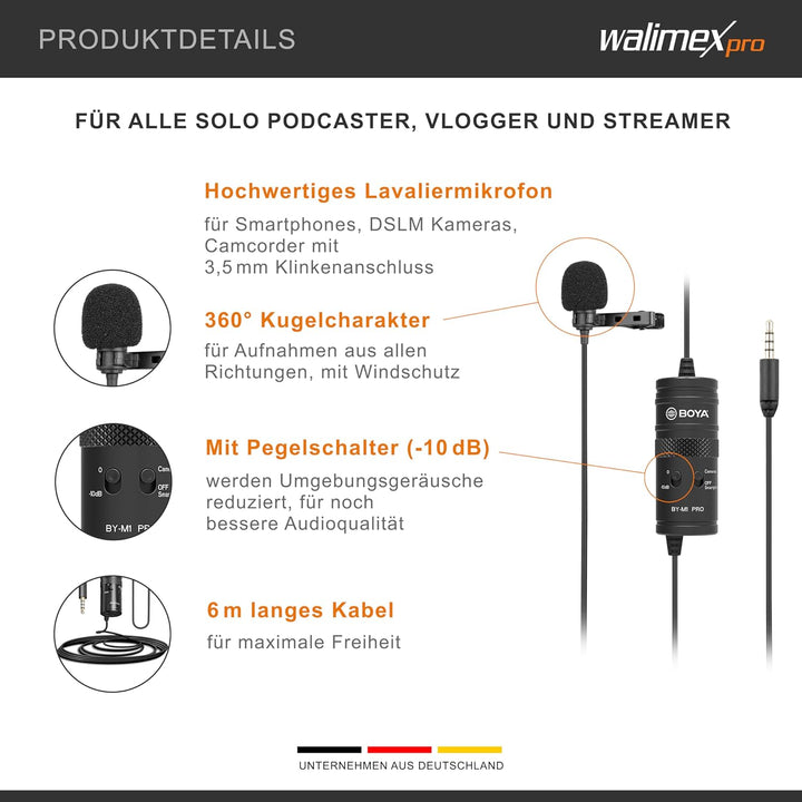 Walimex pro Boya M1 Pro Lavaliermikrofon – kleines, leistungsstarkes Ansteck Mikrofon, Kugelcharakte