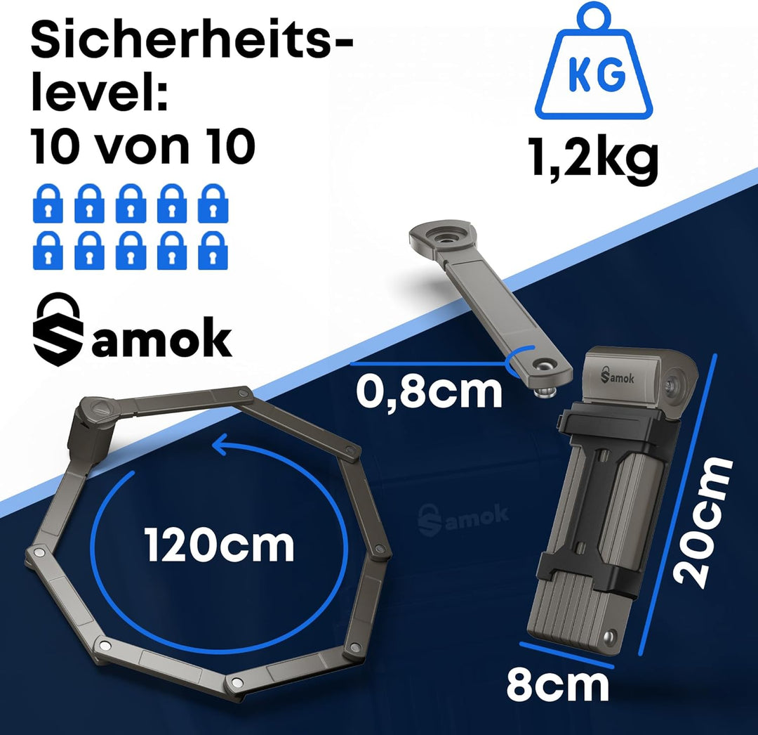 Samok Fahrradschloss Faltschloss 120cm - Faltschloss Fahrrad inkl. Halterung &amp; Zubehör - Extrem sich