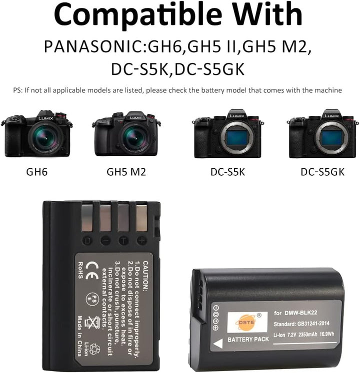 DSTE 2PCS DMW-BLK22 Wiederaufladbarer Li-Ionen Akku Kompatibel mit Panasonic Lumix S5 DC-S5K DC-S5GK