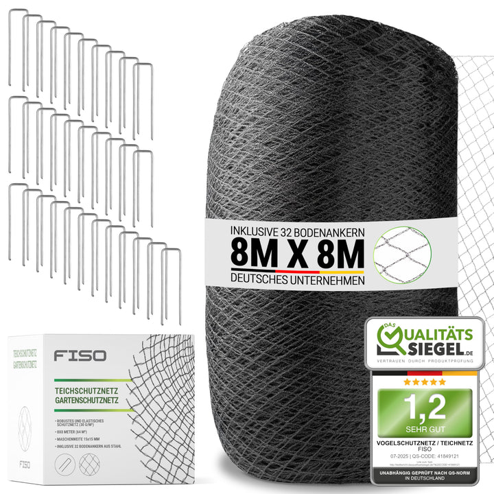 FISO® Teichnetz - 8x8m I Vogelschutznetz engmaschig, robust, witterungs- &amp; UV-beständig I Schwarzes