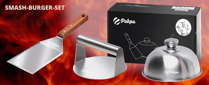 Burgerpresse Smash Burger Set - 3-Teilig Burger Smasher aus Edelstahl mit 1 Grosse Grillspachtel und