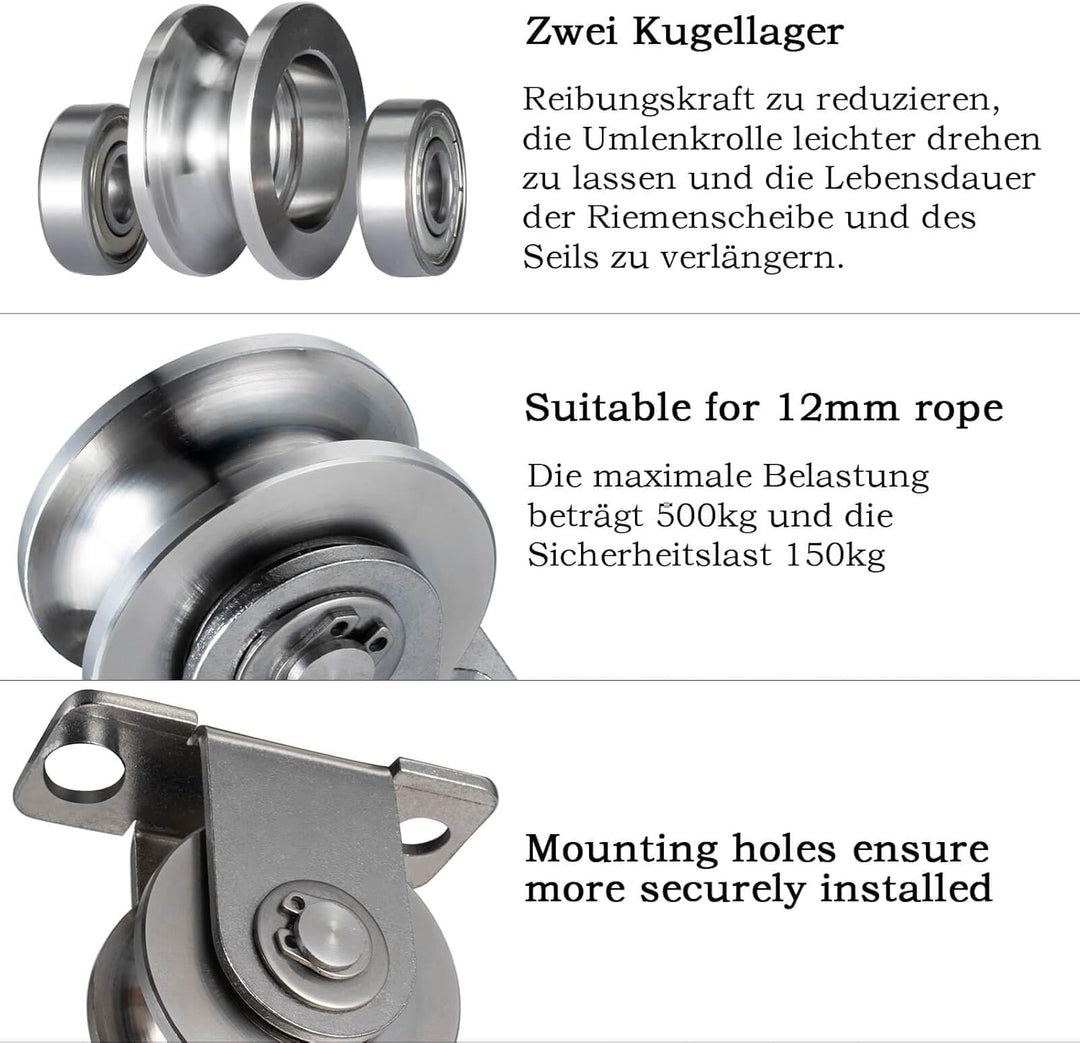 48mm Umlenkrolle Stahlseil, Umlenkrollen für Seile, Seilrolle mit 2 Kugellager | 2 Stück 2 48mm-2K,