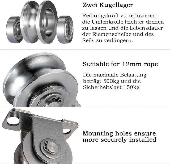 48mm Umlenkrolle Stahlseil, Umlenkrollen für Seile, Seilrolle mit 2 Kugellager | 2 Stück 2 48mm-2K,