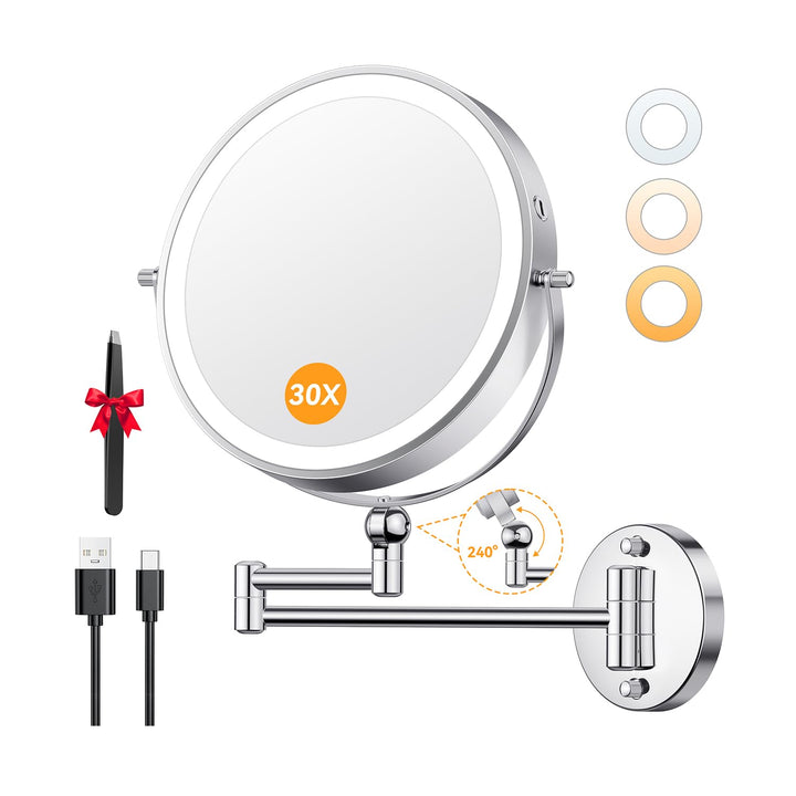 Aumxir 9" Kosmetikspiegel mit Beleuchtung, 5000mAh Wiederaufladbar Doppelseitig 1X/30X Schminkspiege