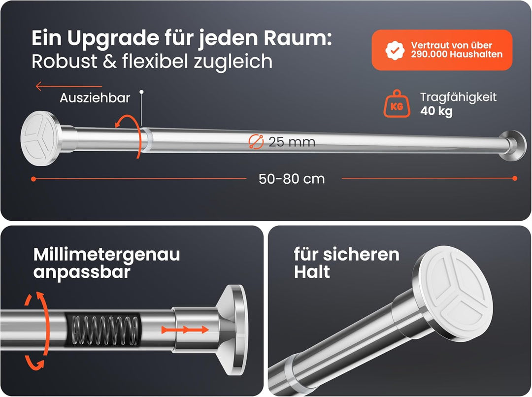 MEISENBERG Vorhangstange ohne Bohren 50-80cm Ø25mm - Gardinenstange zum Klemmen - Edelstahl - Spanns