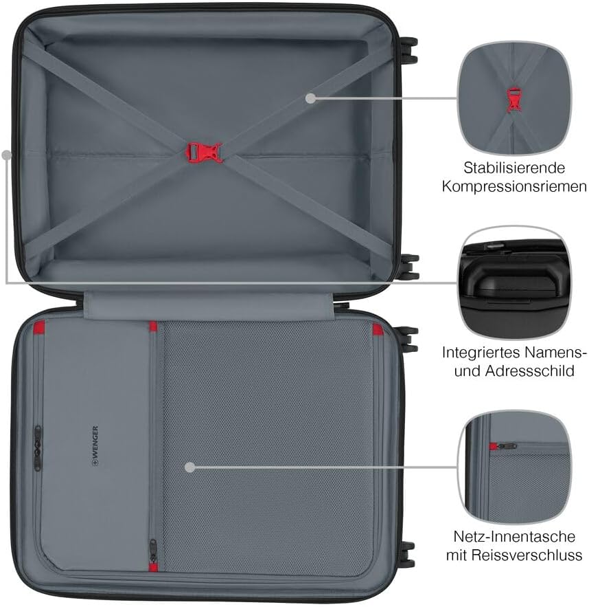 WENGER Prymo Medium Hartschalenkoffer mit 4 Rollen, Trolley, Mittelgross, 59 (67) l, Sicherheitsschl