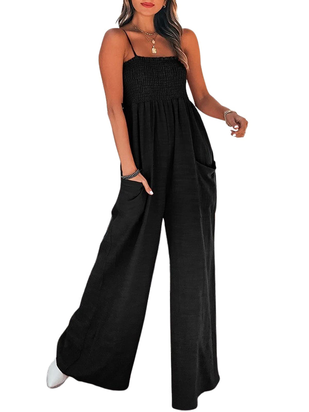 CUPSHE Damen Jumpsuit Square Neck Ärmellos Weites bein Sommer Lang Overall Romper Gesmokter Spaghett