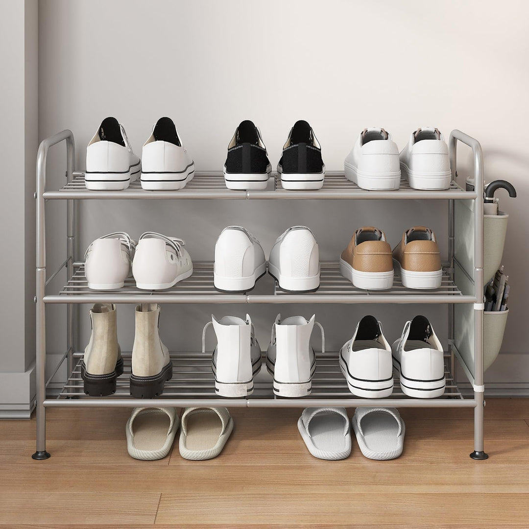 Schuhregal 3 Ebenen Schuhaufbewahrung Organizer Metall mit Seitentaschen für Flur, Schlafzimmer (Gra