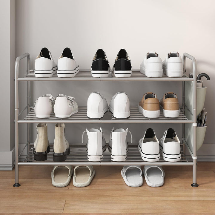 Schuhregal 3 Ebenen Schuhaufbewahrung Organizer Metall mit Seitentaschen für Flur, Schlafzimmer (Gra