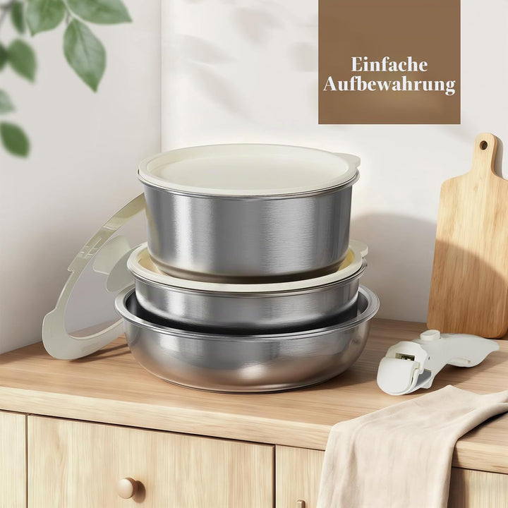 10Stk Topfsets Edelstahl Pfannenset mit Abnehmbaren Griffen, Pfanne 24cm, Topf 18/20cm, Stapelbar To