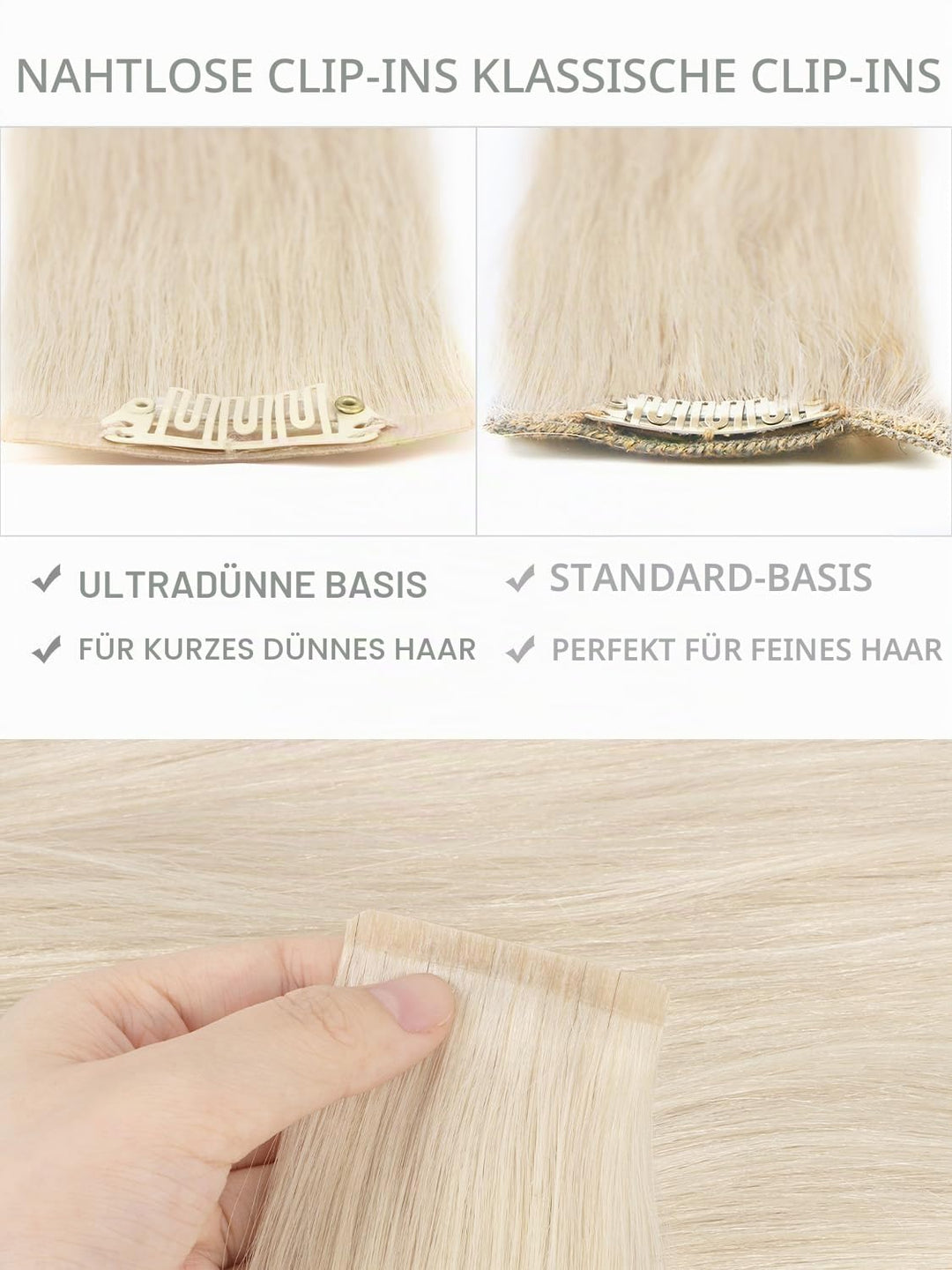 WENNALIFE Nahtlose Clip In Extensions Echthaar, 35cm 9pcs 130g Platinblond Echthaar Extensions Clip