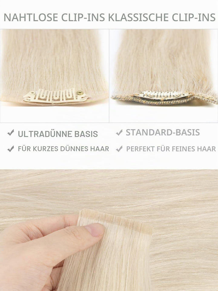 WENNALIFE Nahtlose Clip In Extensions Echthaar, 35cm 9pcs 130g Platinblond Echthaar Extensions Clip