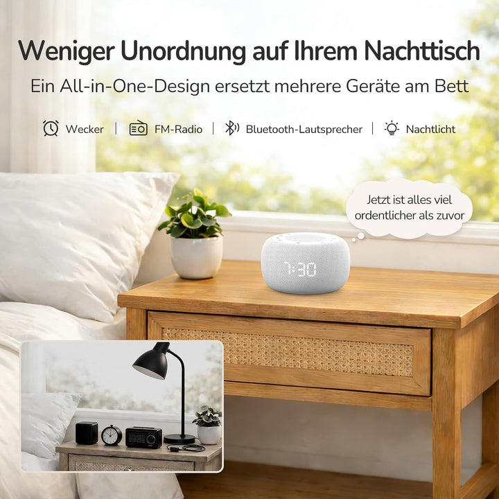 BUFFBEE Radiowecker mit wiederaufladbarer Batterie, Bluetooth-Lautsprecher & Nachtlicht – Kompaktes