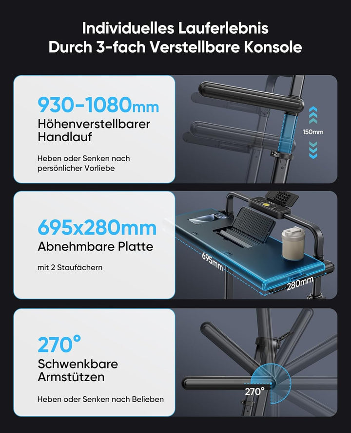 6-IN-1 Laufband für Zuhause mit Abnehmbarem Tisch,3.0HP Laufband Klappbar mit Steigung bis 12%,12KM/