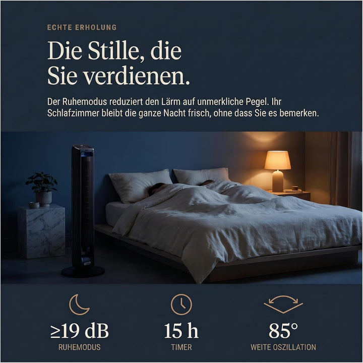 Turmventilator (107 cm), 19 dB, Windgeschwindigkeit bis zu 8.2 m/s, LED-Touchdisplay, Fernbedienung,
