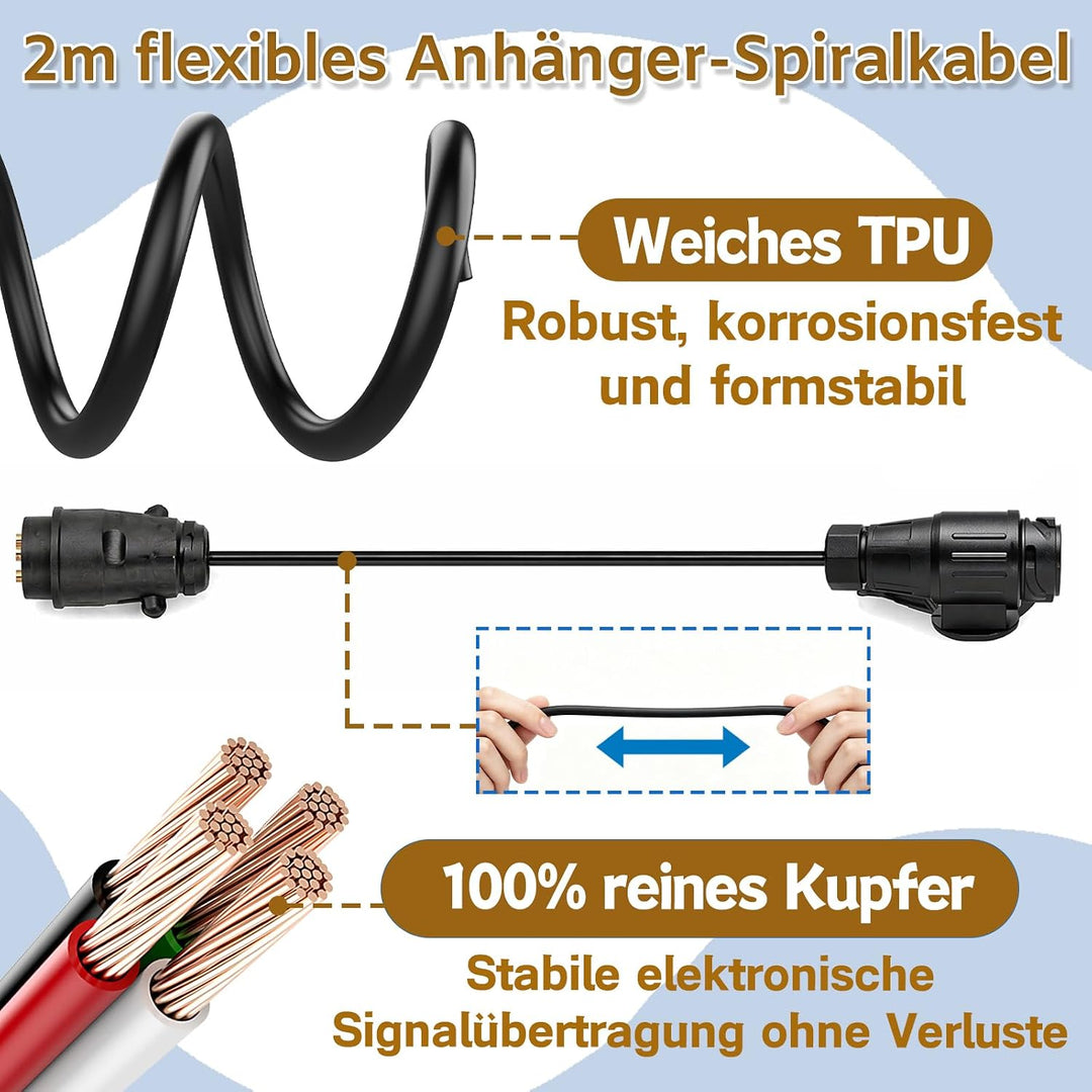 Adapter Anhänger 7 auf 13 Polig, 2M Spiralkabel | Buchse Verlängerungskabel Anhänger Kabeladapter fü