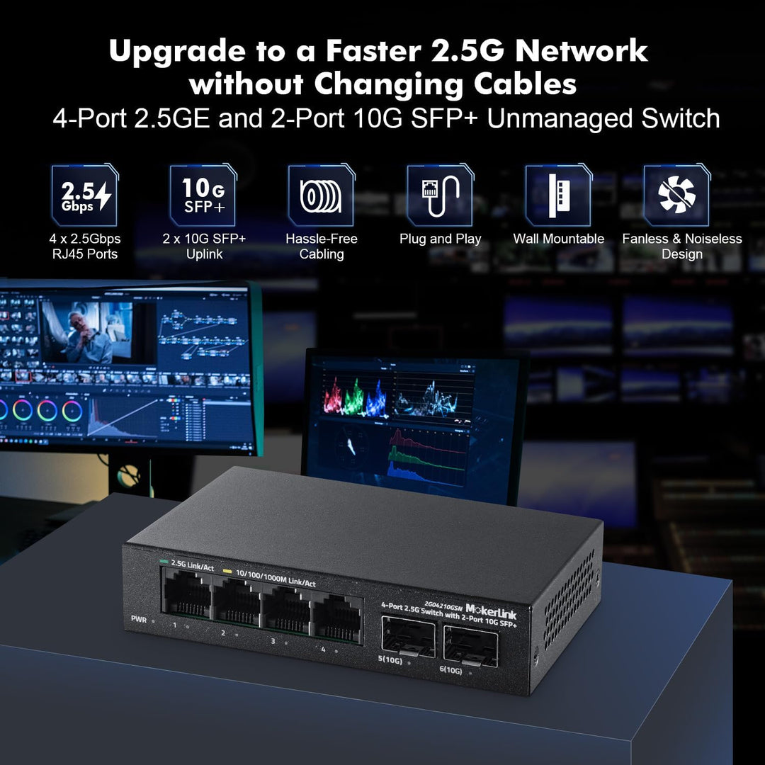 MokerLink 4 Port 2.5G Ethernet Switch mit 2x10G SFP+ Slot, 4x2.5G RJ45 Ports kompatibel mit 100/1000