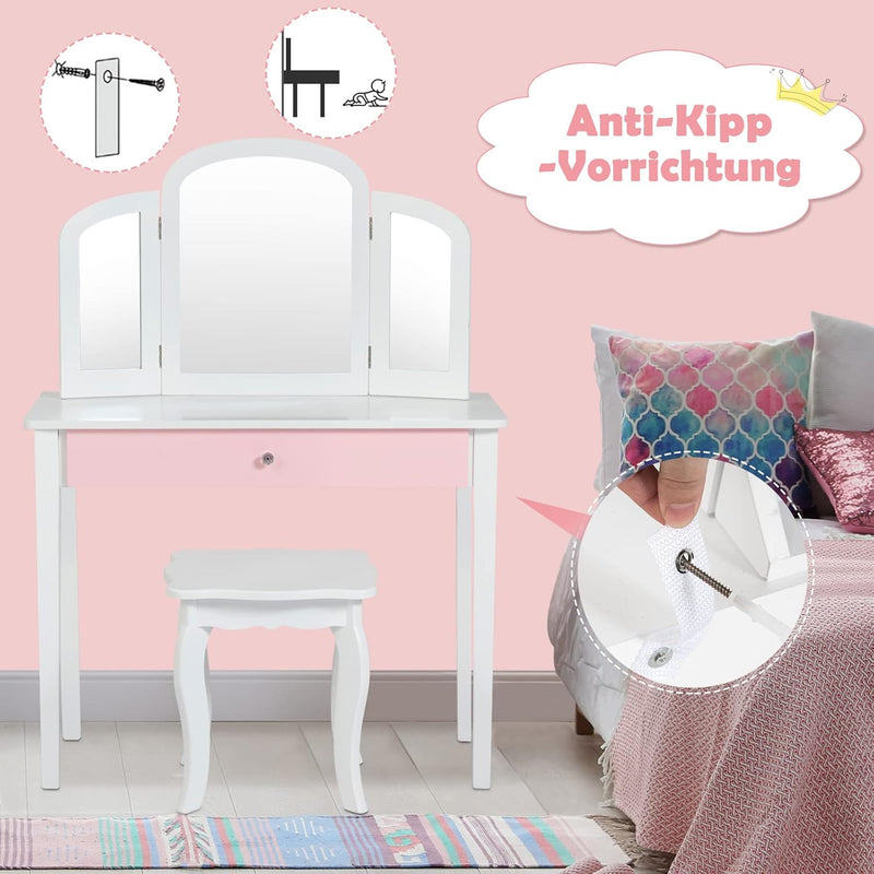 GOPLUS 2 in 1 Kinder Schminktisch, Frisiertisch & Stuhl, Kosmetiktisch mit Abnehmbarem 3-Fach-Spiege