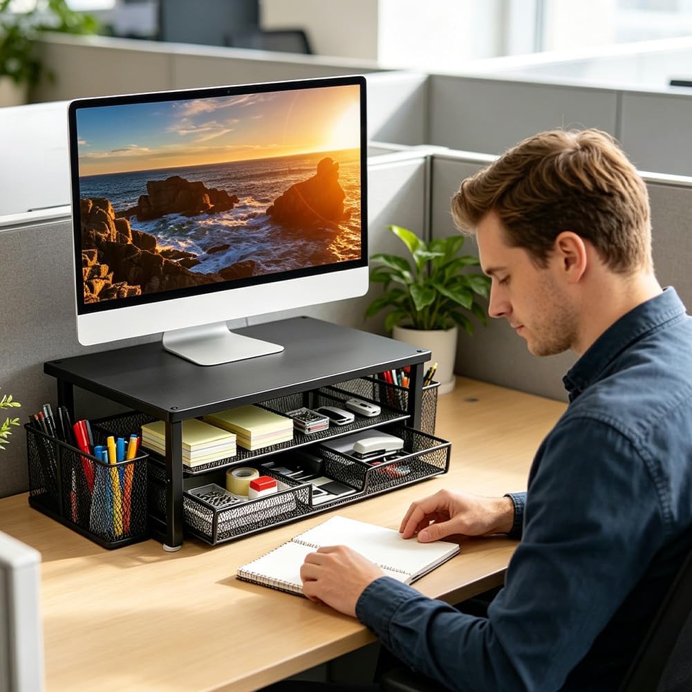 Monitorständer, Monitor Erhöhung Schreibtisch mit Schublade und Stifthaltern, 2-stufiger ergonomisch