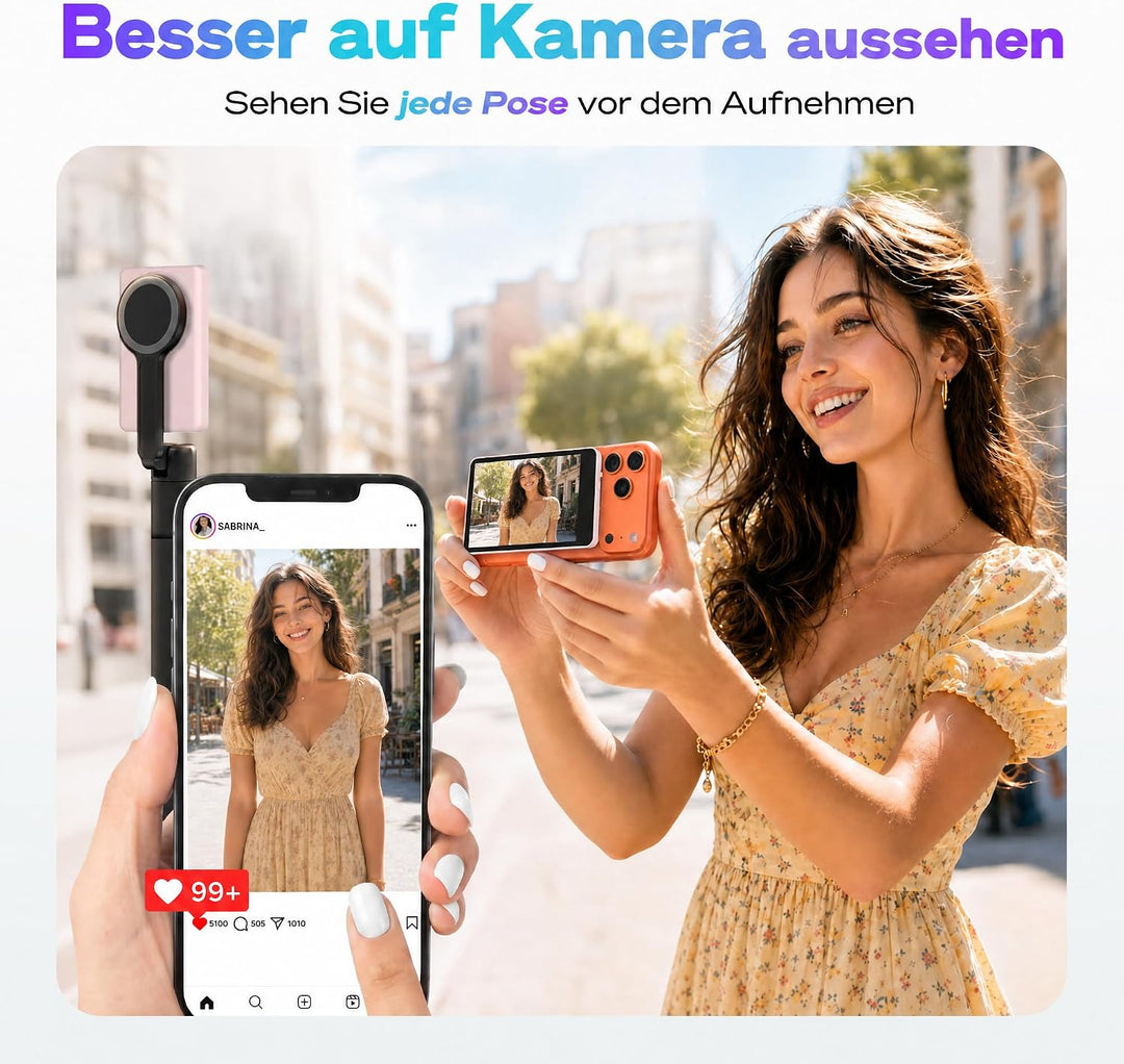 SYNCO XView Handy Selfie Monitor für iPhone 7-17 &amp; Android (Rosa) | 50m Kabellos, 3H Akku, 1080p Unt