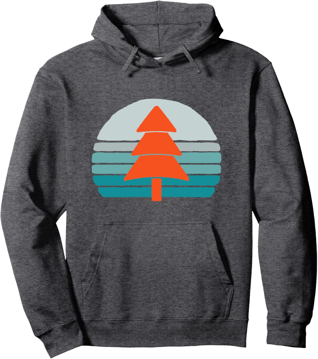 Minimalist Pine Tree & Retro Blue Sunset 80s Outdoor Graphic Pullover Hoodie