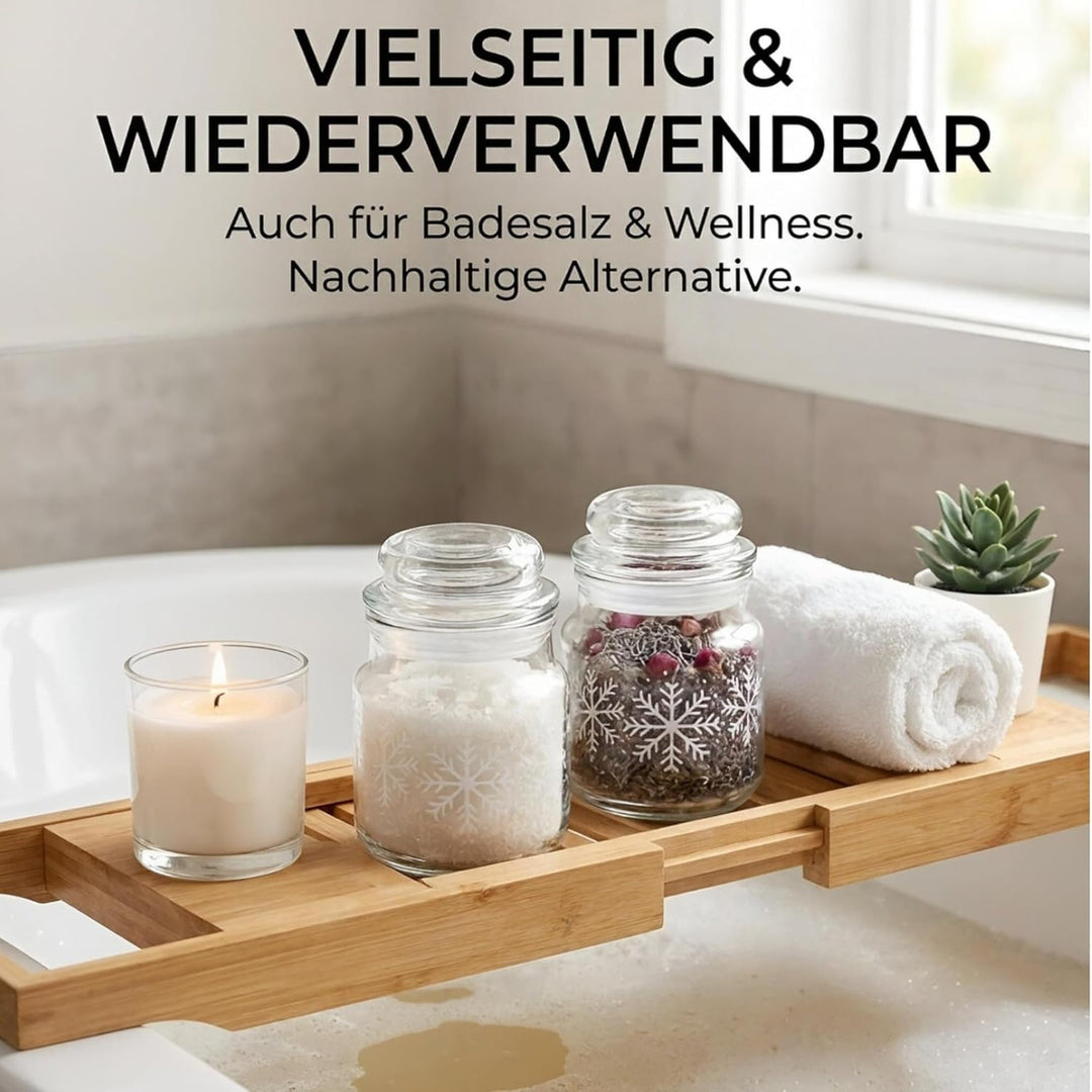 gouveo 12er Set Gläser 100 ml mit Glaskorken - Winter Schneeflocken Design - Vorratsgläser aus Klarg
