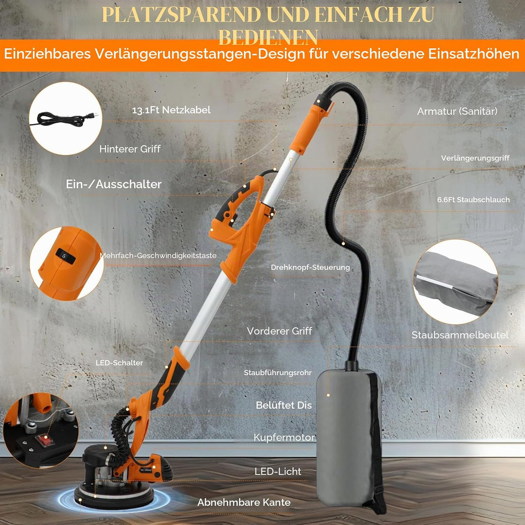 Trockenbauschleifer, 1250 Watt Elektroschleifer, 800 bis 1800 U/min, Ausziehbarem Griff, LED-Beleuch
