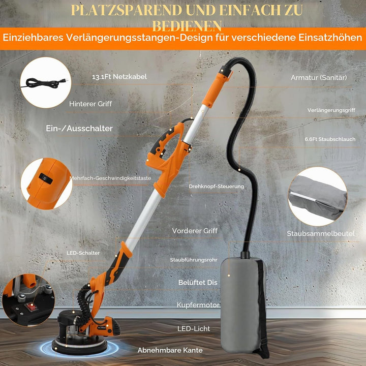 Trockenbauschleifer, 1250 Watt Elektroschleifer, 800 bis 1800 U/min, Ausziehbarem Griff, LED-Beleuch