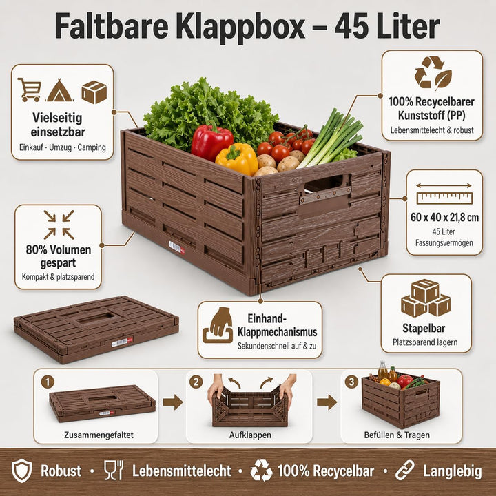 Bestlivings Stabile Faltbox 4er Pack Holzdesign 60 x 40 x 21,8cm ( LxBxH ) Stapelbarer Faltbarer Ein