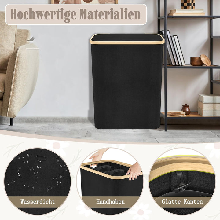 FIVMEN Wäschekorb 3 Fächer Wäschesammler Wäschesortierer mit Deckel und 3 Waschbarer Wäschesack Wäsc