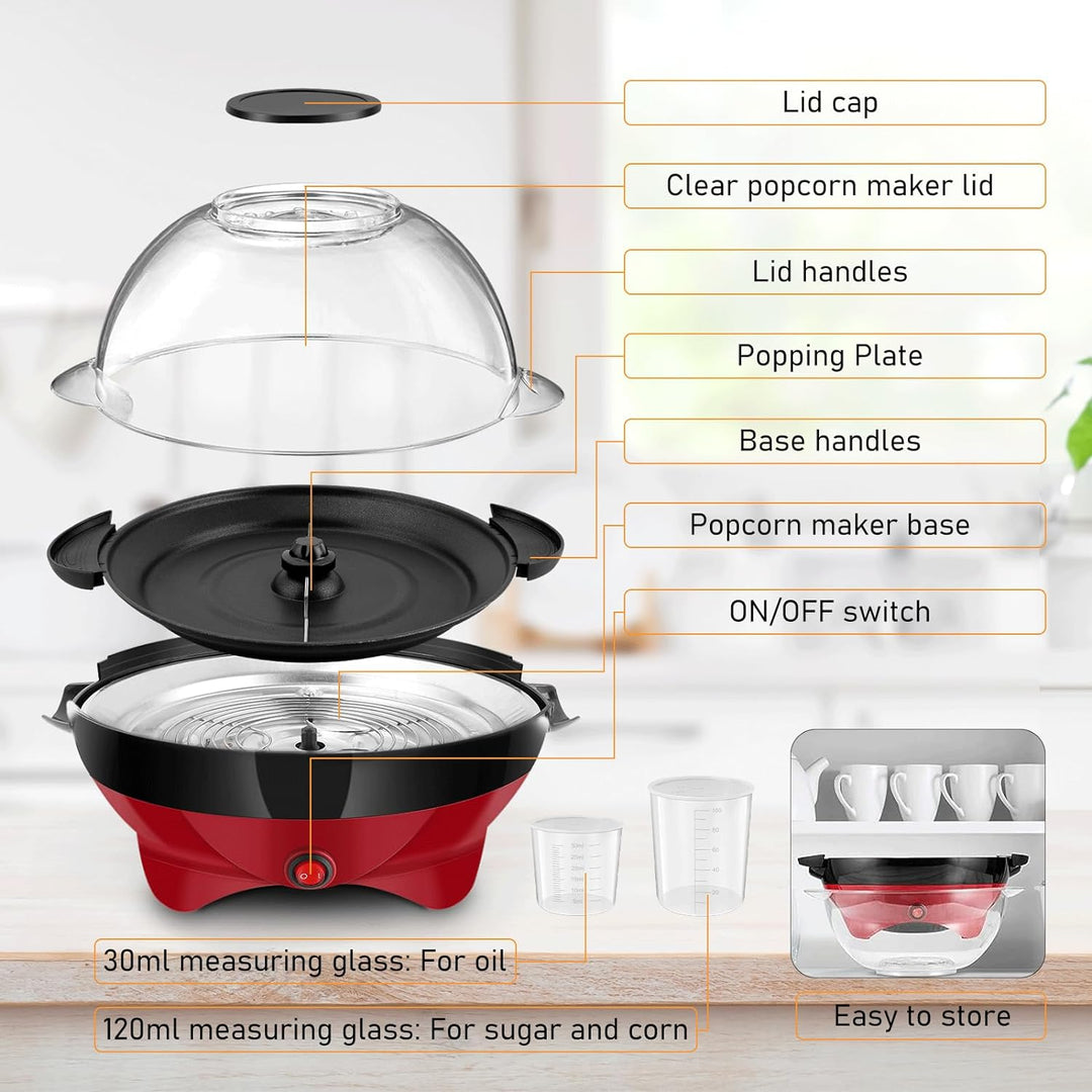 Popcornmaschine 5L, Popcorn Maschine mit Zucker & Öl, 800W Popcorn Maker für Zuhause mit Zwei Messbe