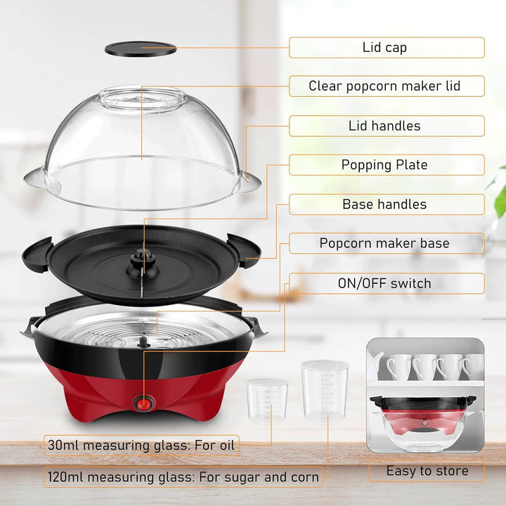 Popcornmaschine 5L, Popcorn Maschine mit Zucker & Öl, 800W Popcorn Maker für Zuhause mit Zwei Messbe