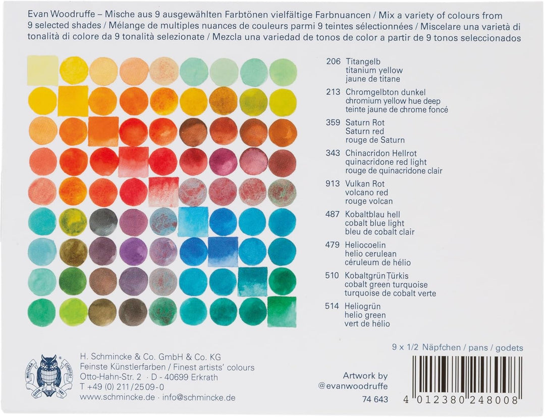Schmincke - HORADAM® AQUARELL, Exceptional Colours Set, 9 x 1/2 Näpfchen, 74 643 097, Metallkasten,