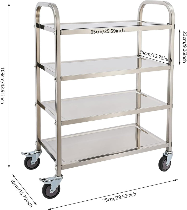 Edelstahl Servierwagen 4 Böden Küchenwagen Silber,75 x 40 x 109 cm, 75 x 40 x 109