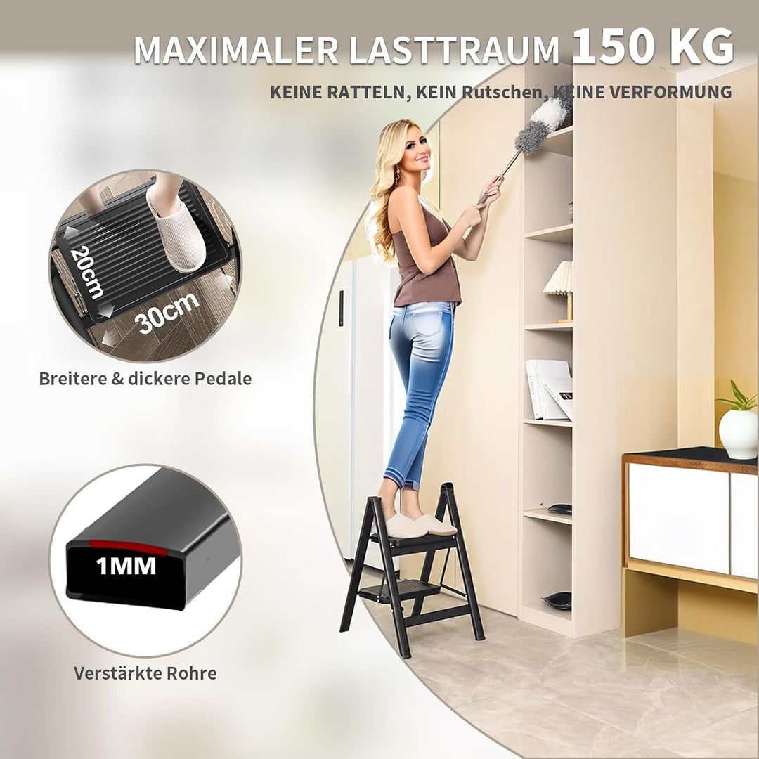 Trittleiter Klappleiter Robuster Stahlrahmen, 150 kg Tragkraft Klappbar Design mit Anti Rutsch Oberf